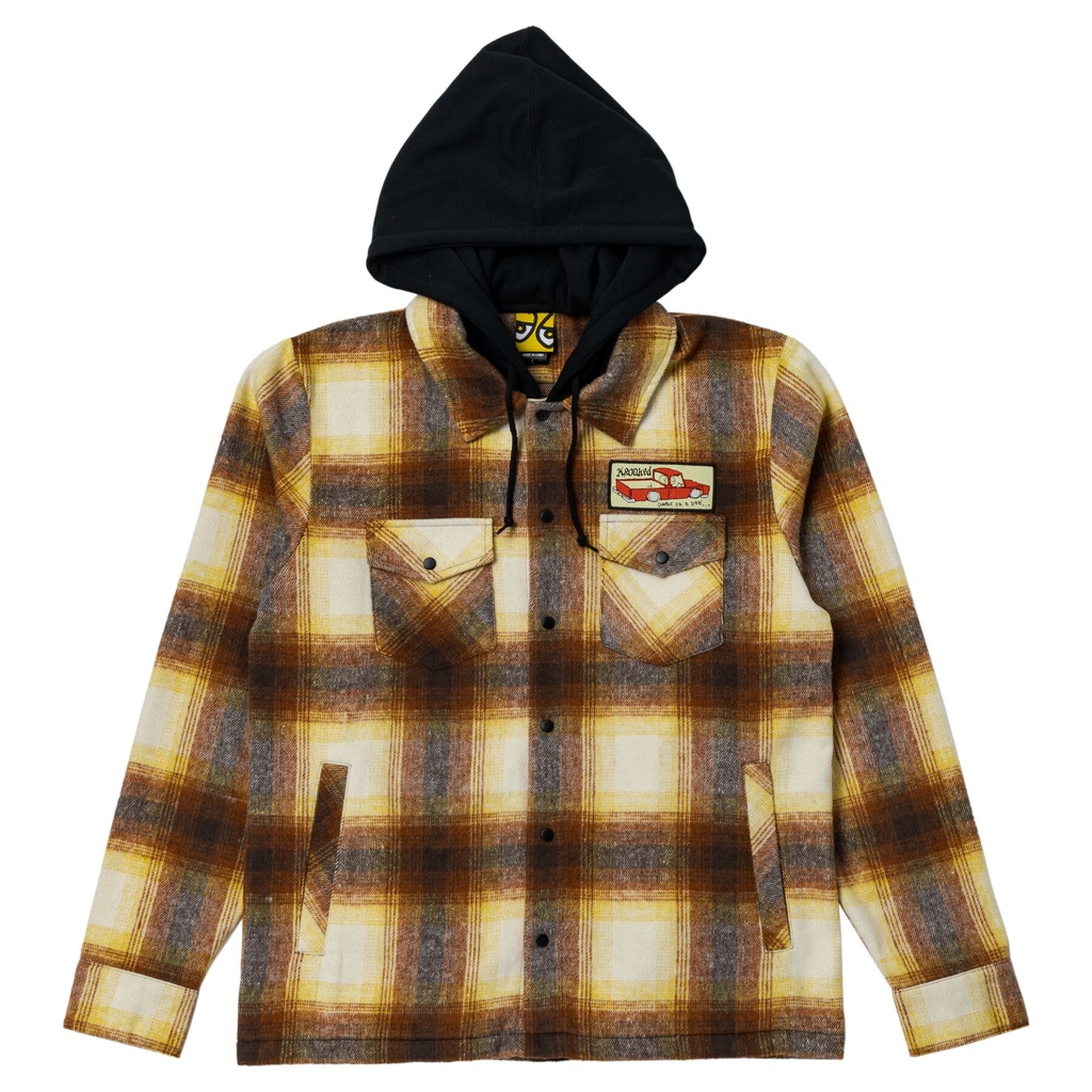 KROOKED DOUBLE OK TAN PLAID HOODED FLANNEL SHIRT L
