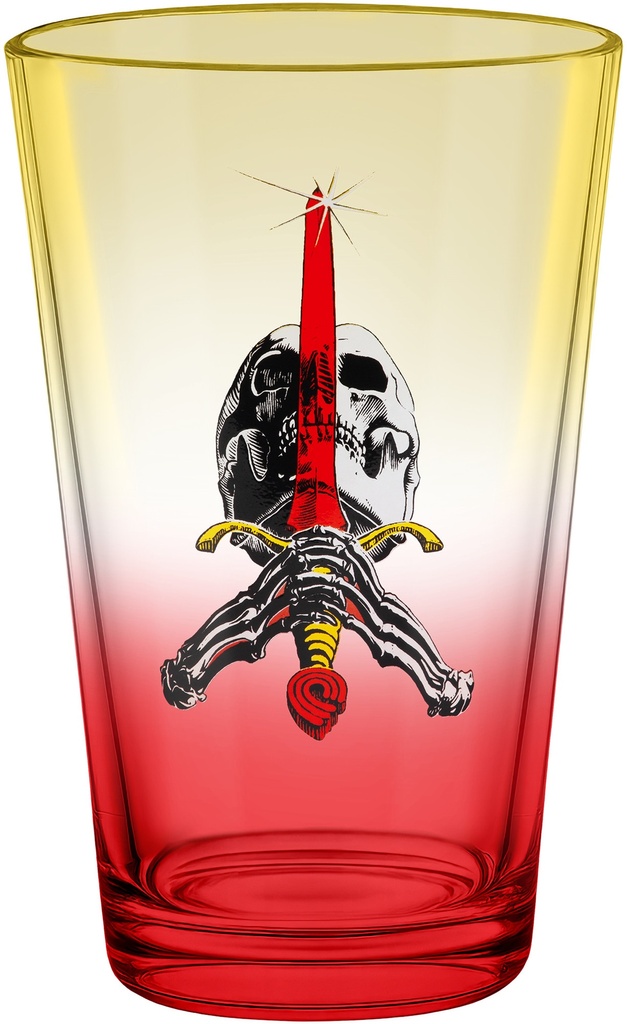 POWELL SKULL & SWORD YELLOW/RED FADE PINT GLASS