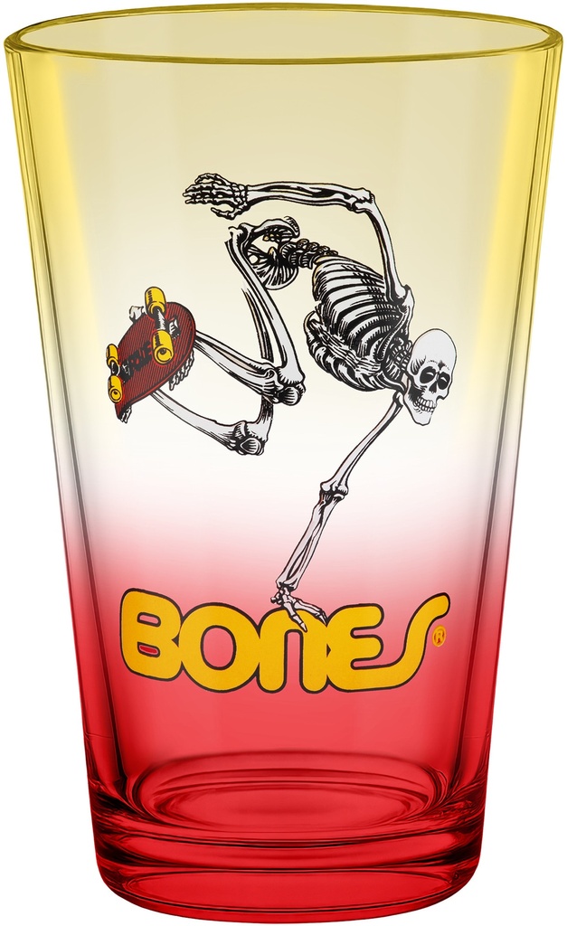 POWELL SKATEBOARD SKELETON YELLOW/RED FADE PINT GLASS