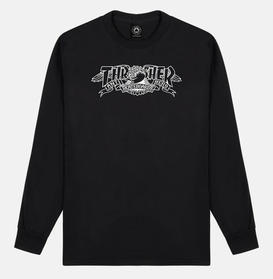 THRASHER X ANTI-HERO MAG BANNER BLACK LS XXL